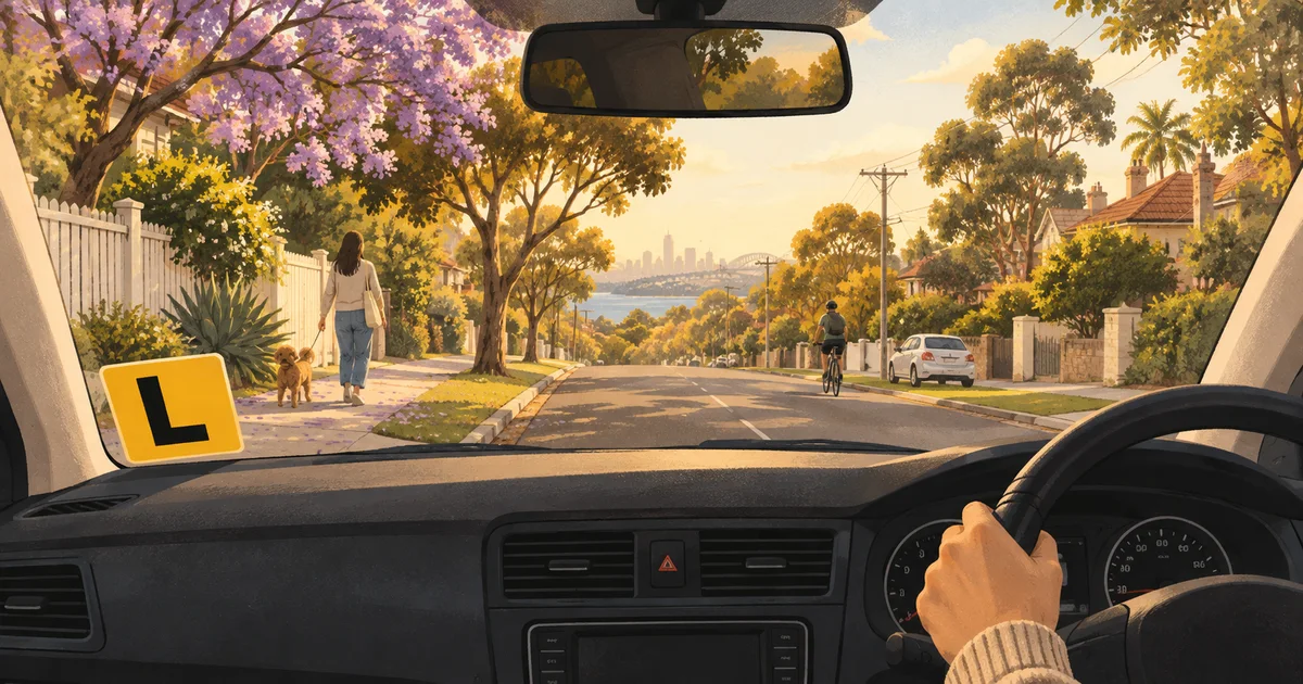 View from a parked car toward a suburban street with a pedestrian and cyclist