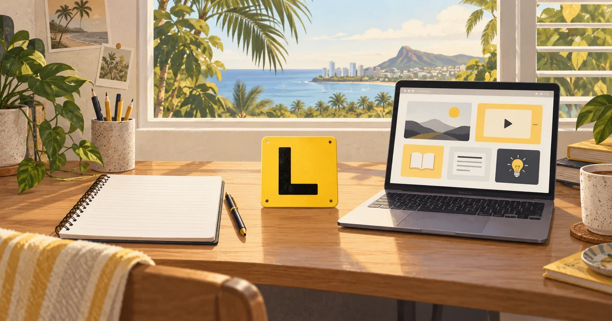Paper study notes and online learning laptop beside a learner plate