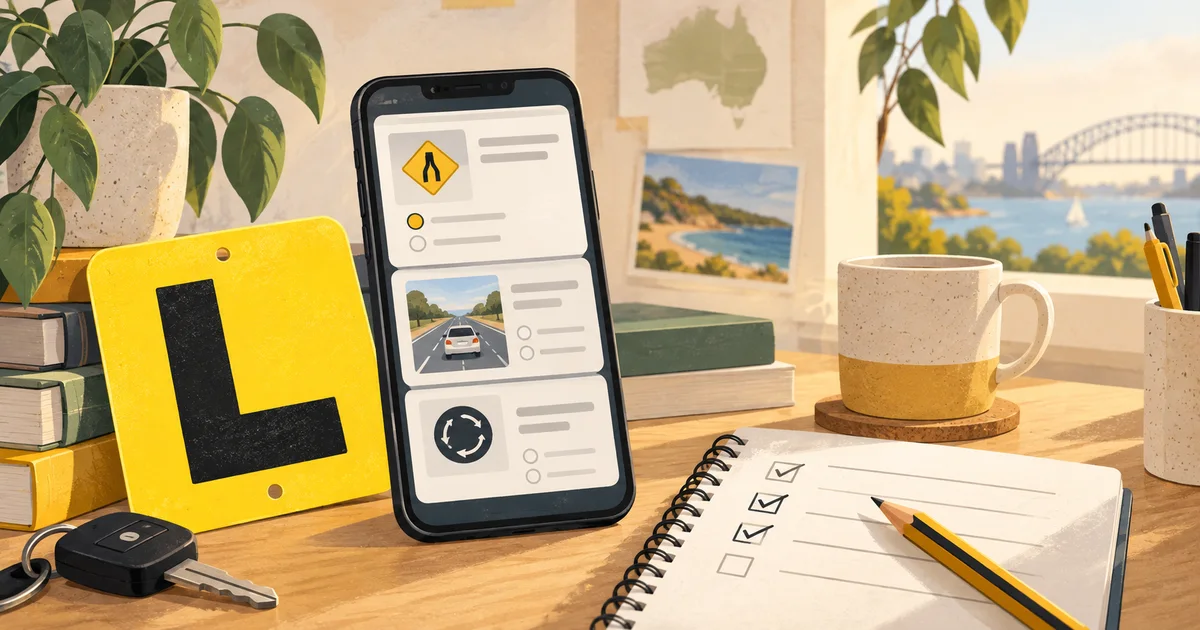 Learner plate, phone with illustrative quiz cards, and study checklist on a desk